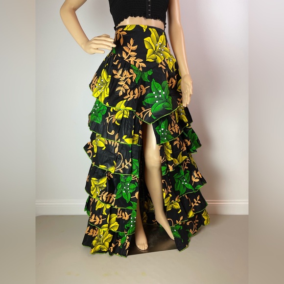 Handmade Green Multicolor Layered Ruffle Floral Print High Slit Maxi Skirt - Picture 3 of 10